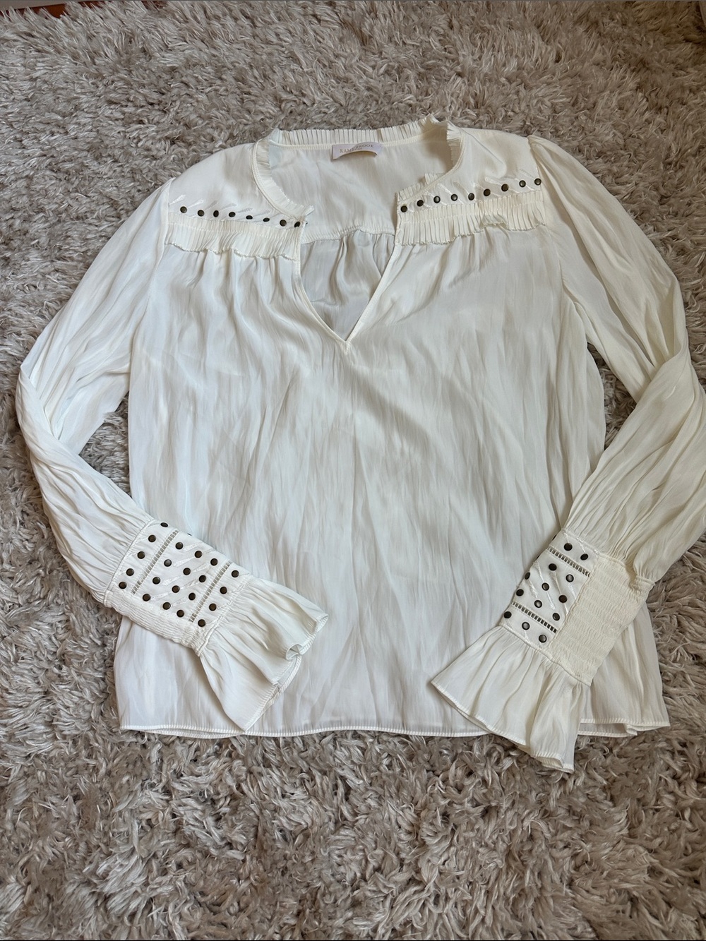 Ramy Brook White V-Neck Blouse with Eyelet Trim